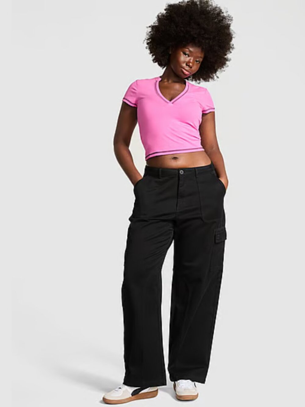 Pink Victoria's Secret Black Mid Rise Wide Leg Utility Cargo Pants - Sz L - NWT